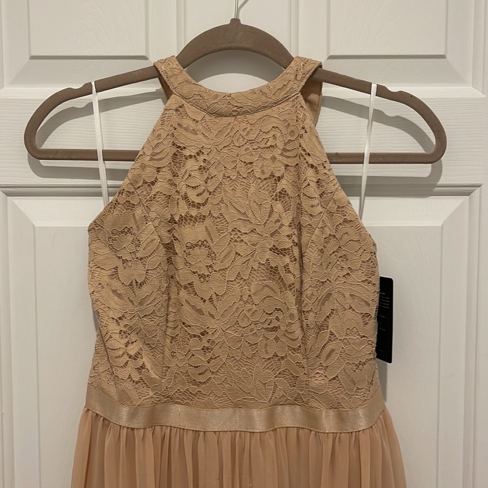 Dressystar long champagne colored gown, size medium.